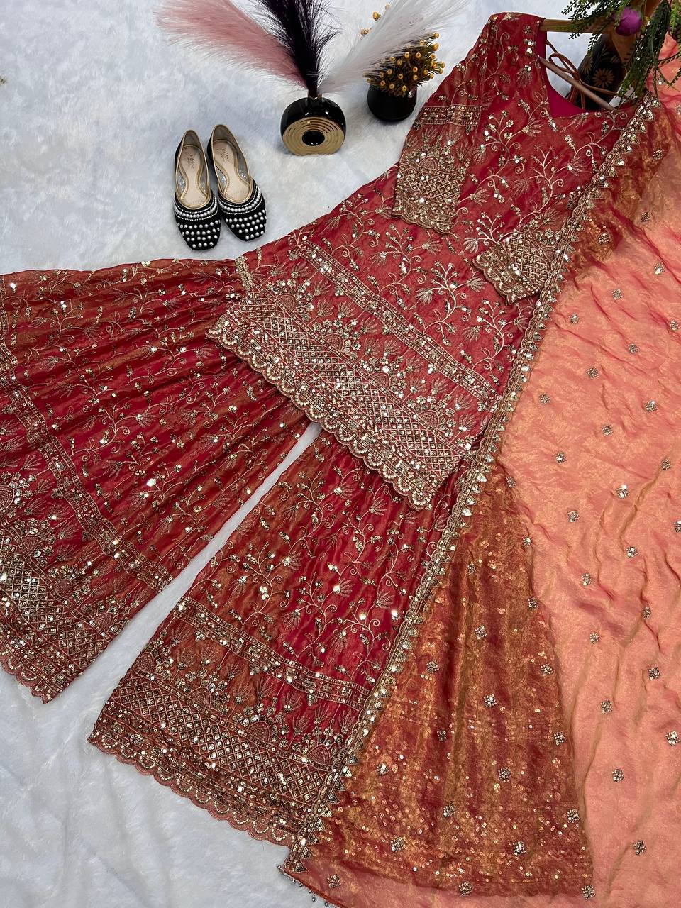 Gorgeous Peach Color Embroidered Designer Sharara Suit
