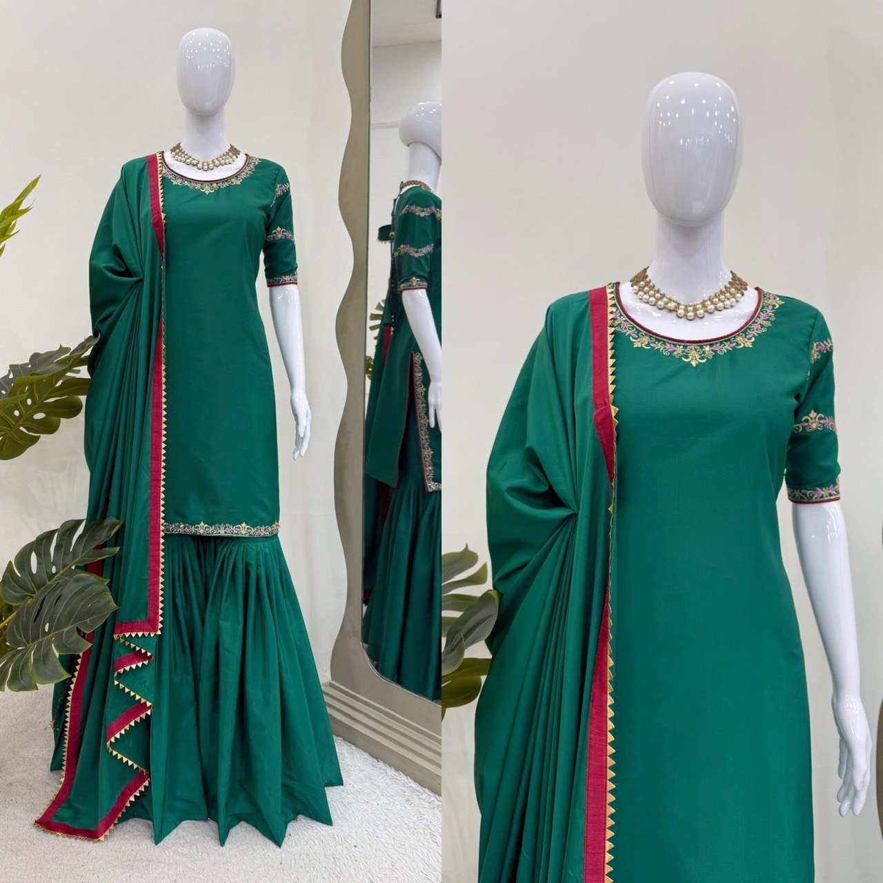 Party Wear Teal Green Natural Crepe And Thread With Sequence Work Sharara Suit