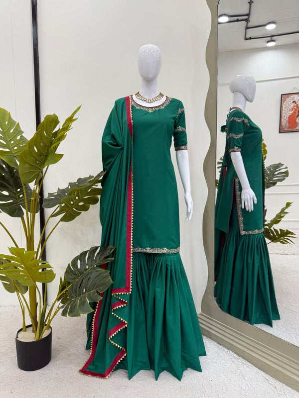 Party Wear Teal Green Natural Crepe And Thread With Sequence Work Sharara Suit