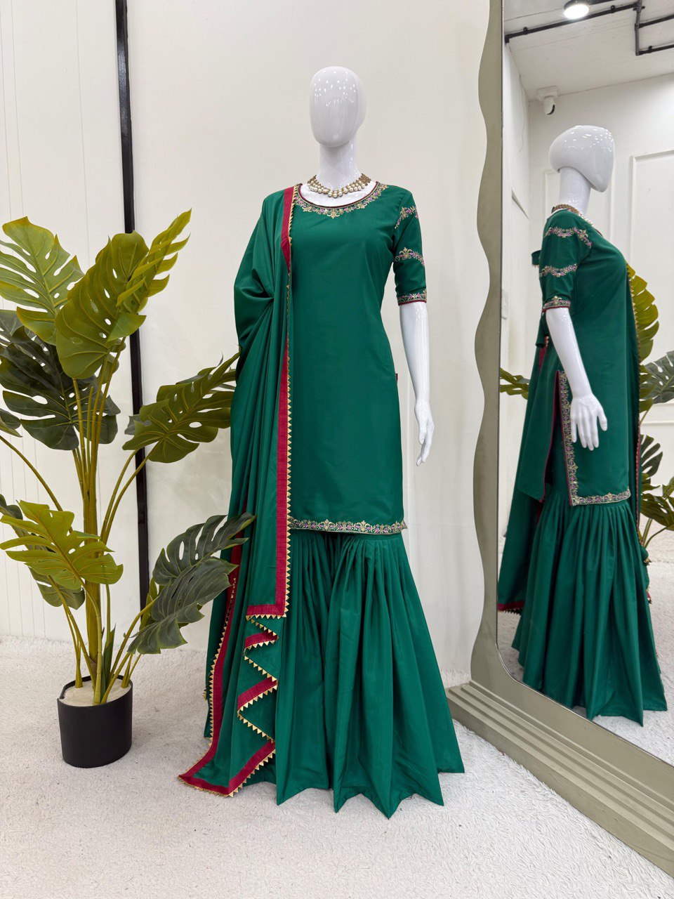 Party Wear Teal Green Natural Crepe And Thread With Sequence Work Sharara Suit