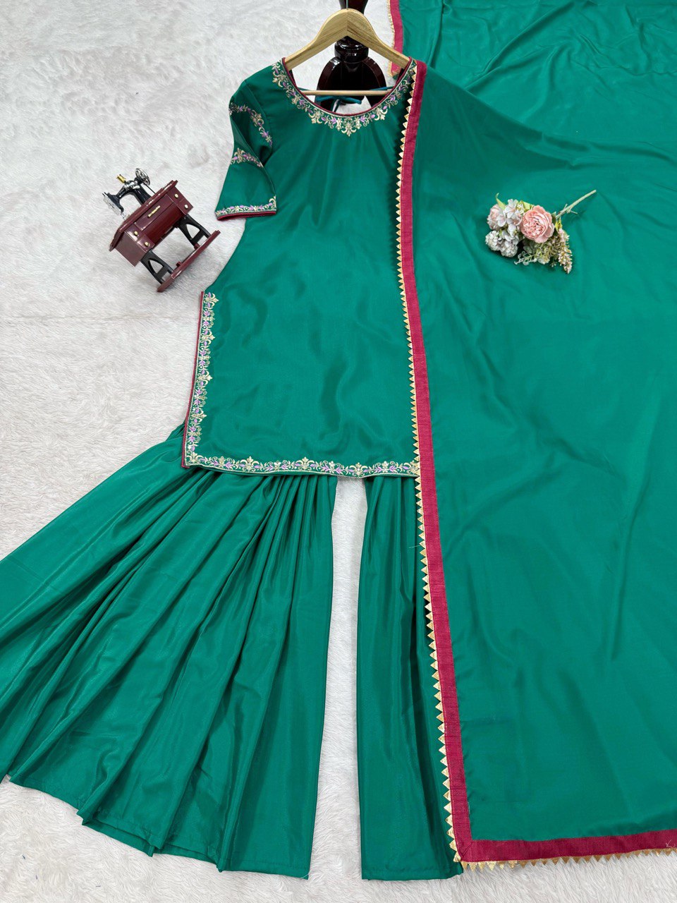 Party Wear Teal Green Natural Crepe And Thread With Sequence Work Sharara Suit