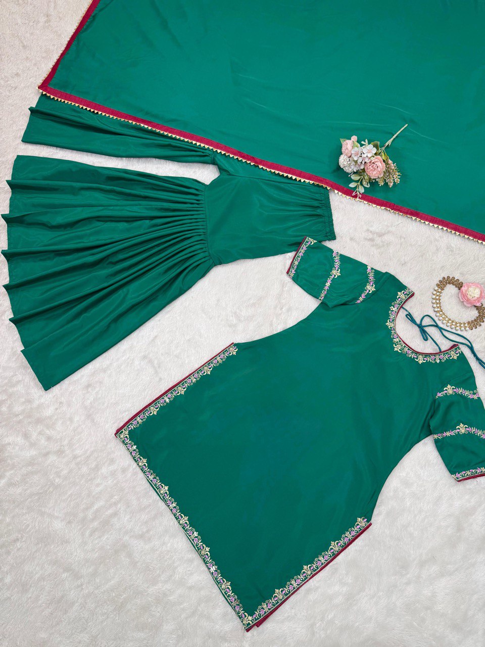 Party Wear Teal Green Natural Crepe And Thread With Sequence Work Sharara Suit