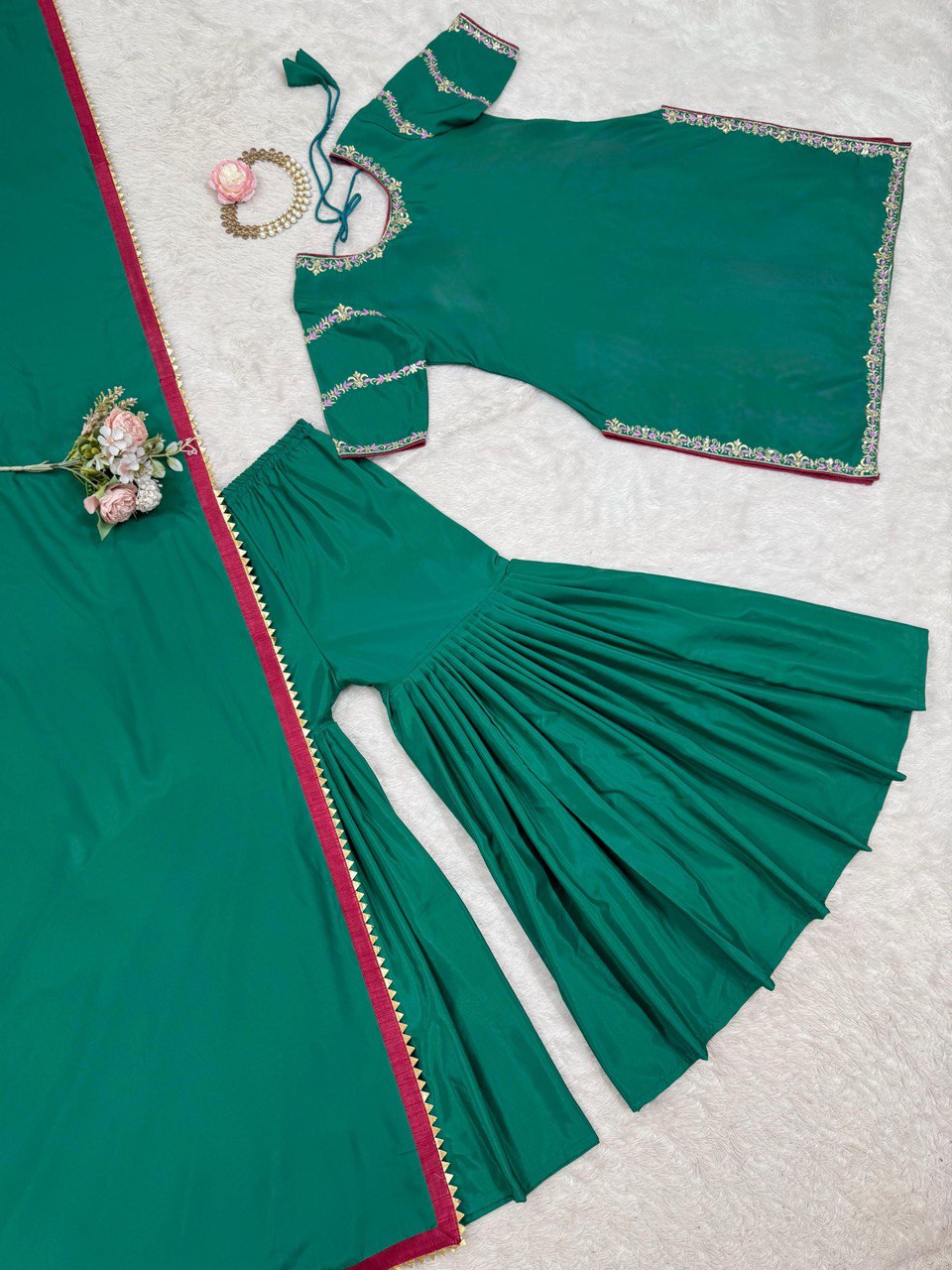 Party Wear Teal Green Natural Crepe And Thread With Sequence Work Sharara Suit