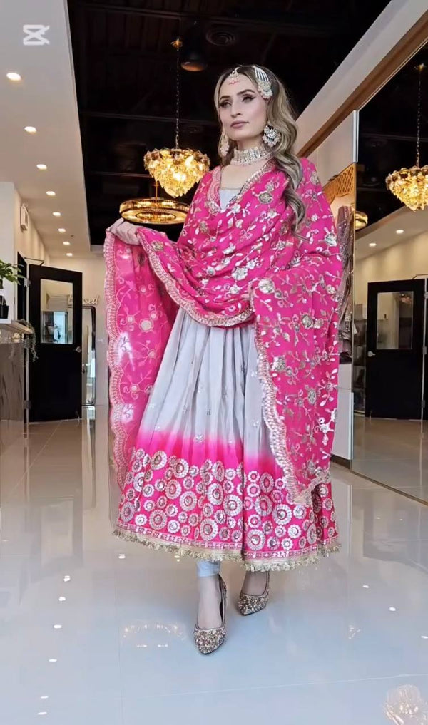 Preferable Pink And Grey Color Heavy Pure Chinon And Digital Printed Anarkali Suit