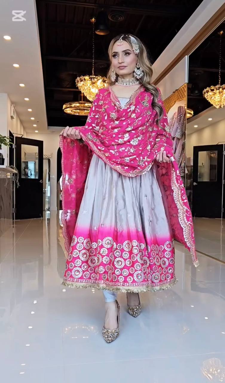 Preferable Pink And Grey Color Heavy Pure Chinon And Digital Printed Anarkali Suit