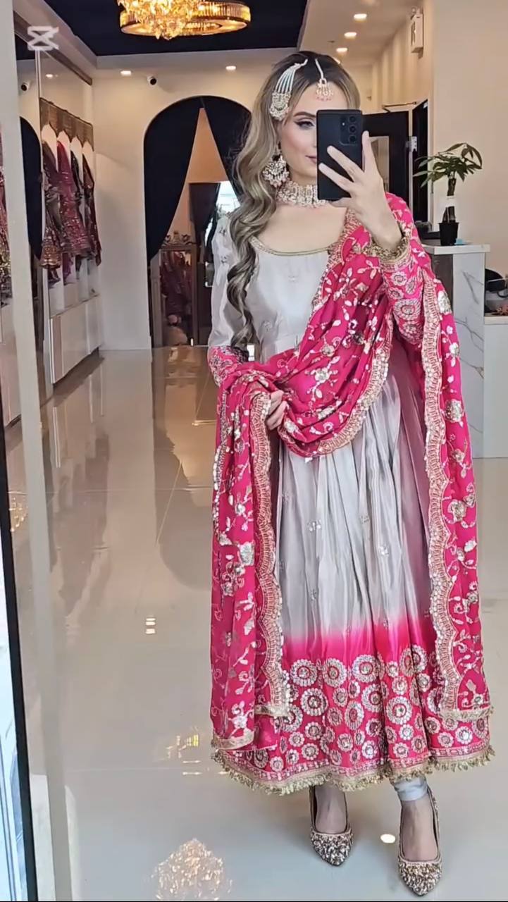 Preferable Pink And Grey Color Heavy Pure Chinon And Digital Printed Anarkali Suit