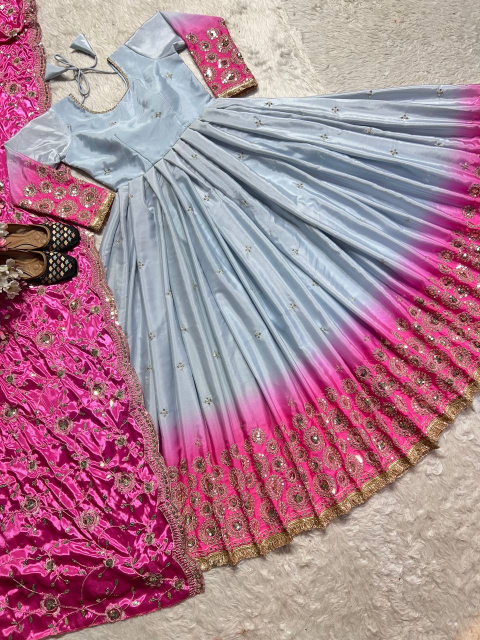 Preferable Pink And Grey Color Heavy Pure Chinon And Digital Printed Anarkali Suit