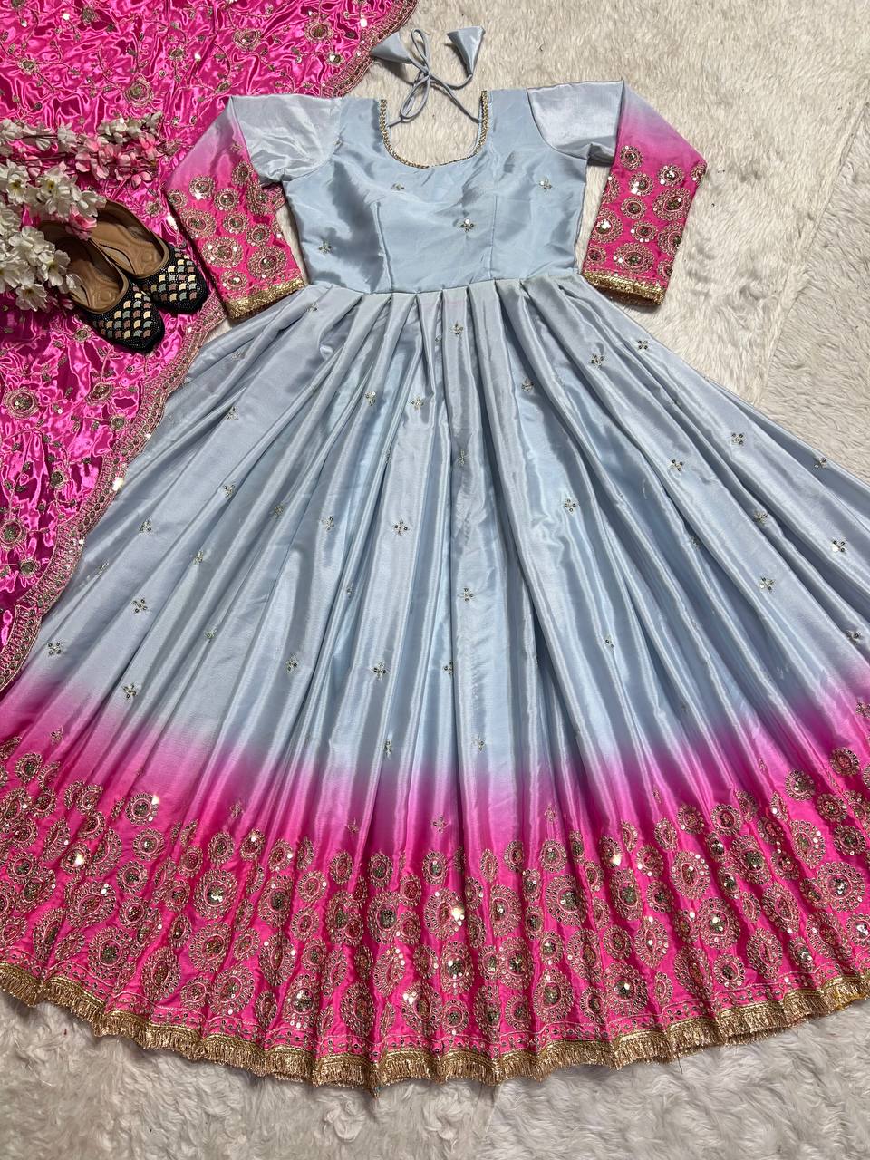 Preferable Pink And Grey Color Heavy Pure Chinon And Digital Printed Anarkali Suit