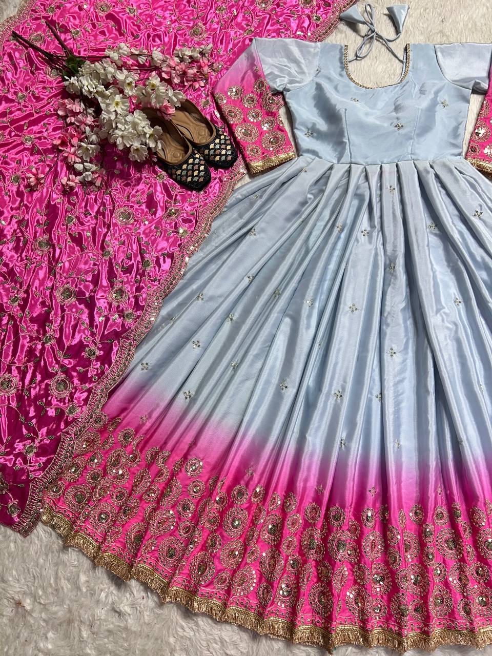 Preferable Pink And Grey Color Heavy Pure Chinon And Digital Printed Anarkali Suit