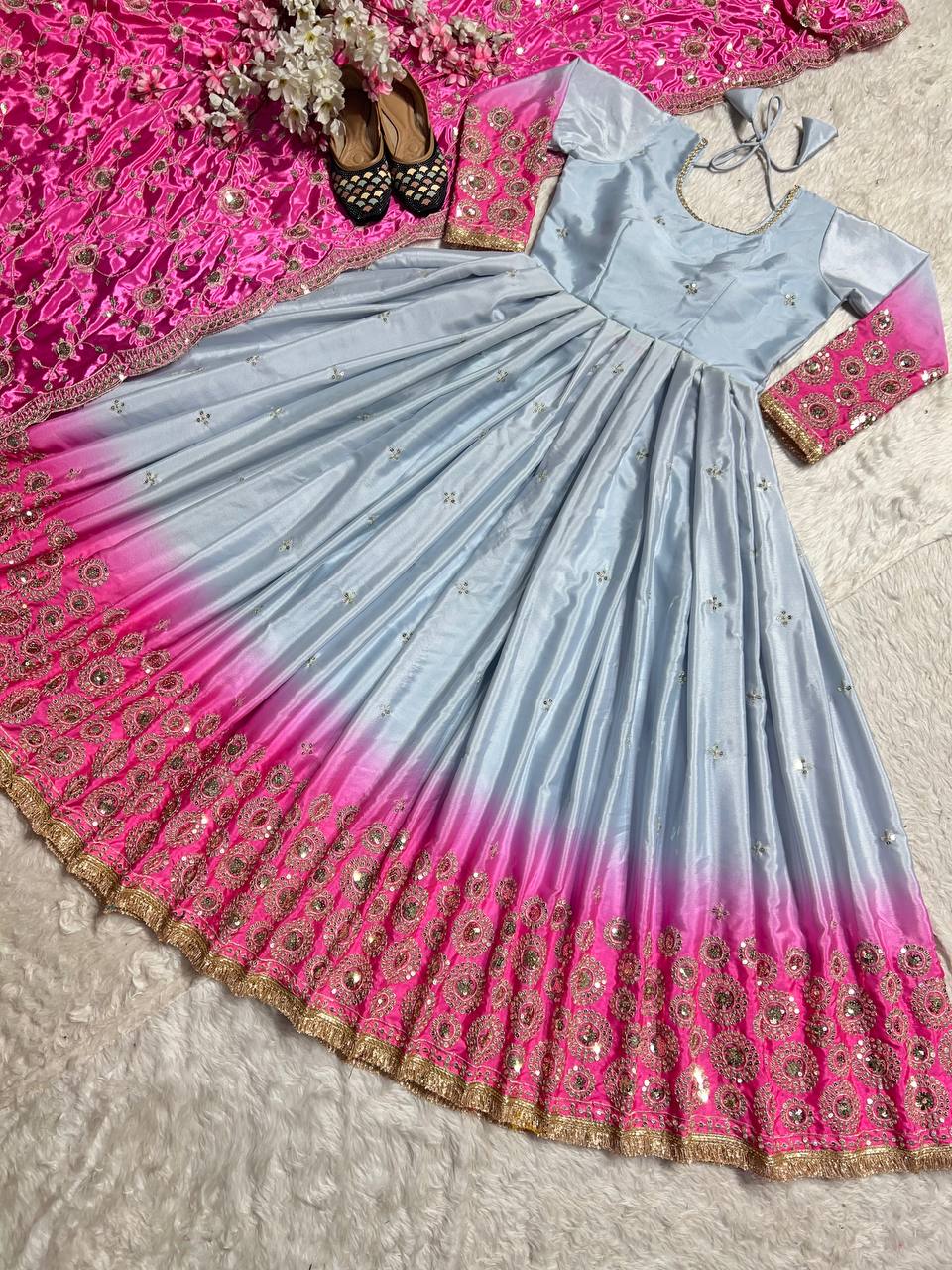 Preferable Pink And Grey Color Heavy Pure Chinon And Digital Printed Anarkali Suit