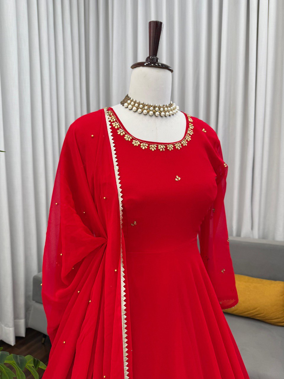 Gorgeous Red Color Fully Flair Designer Gown Set