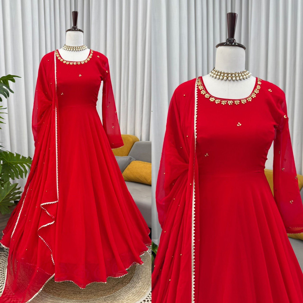 Gorgeous Red Color Fully Flair Designer Gown Set
