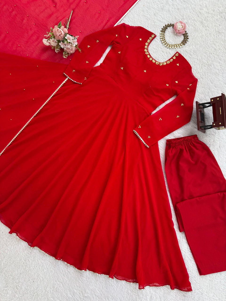 Gorgeous Red Color Fully Flair Designer Gown Set