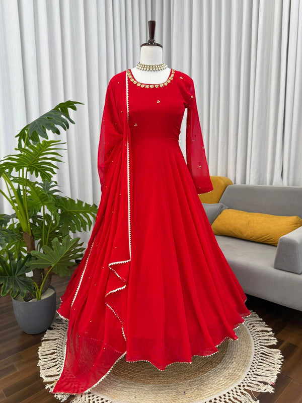 Gorgeous Red Color Fully Flair Designer Gown Set