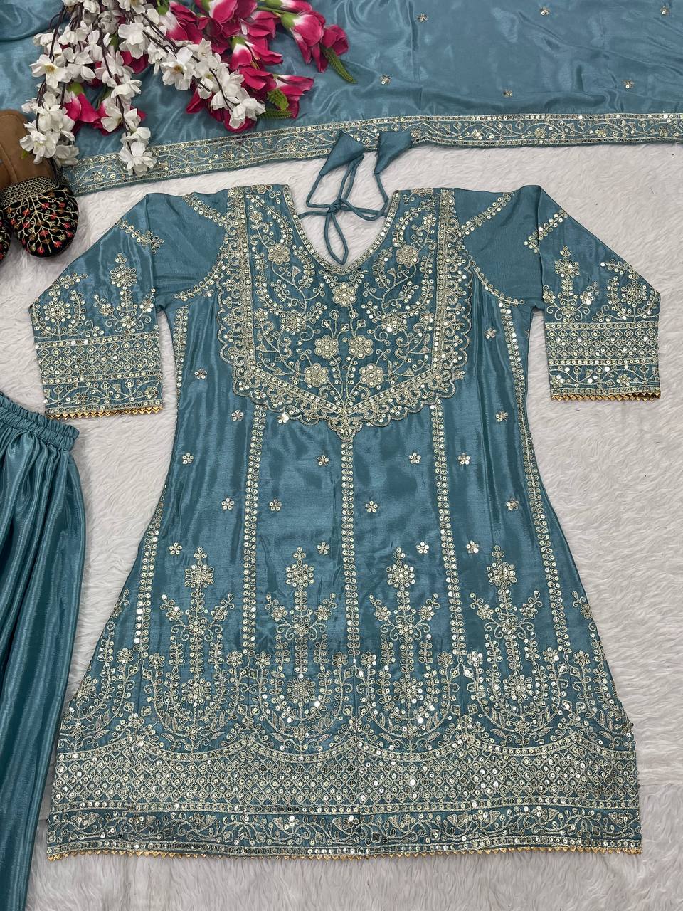 Elegant Aqua Blue Heavy Chinon Silk With Embroidery Sequence Coding Work Sharara Suit