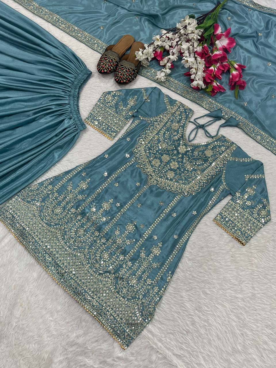 Elegant Aqua Blue Heavy Chinon Silk With Embroidery Sequence Coding Work Sharara Suit