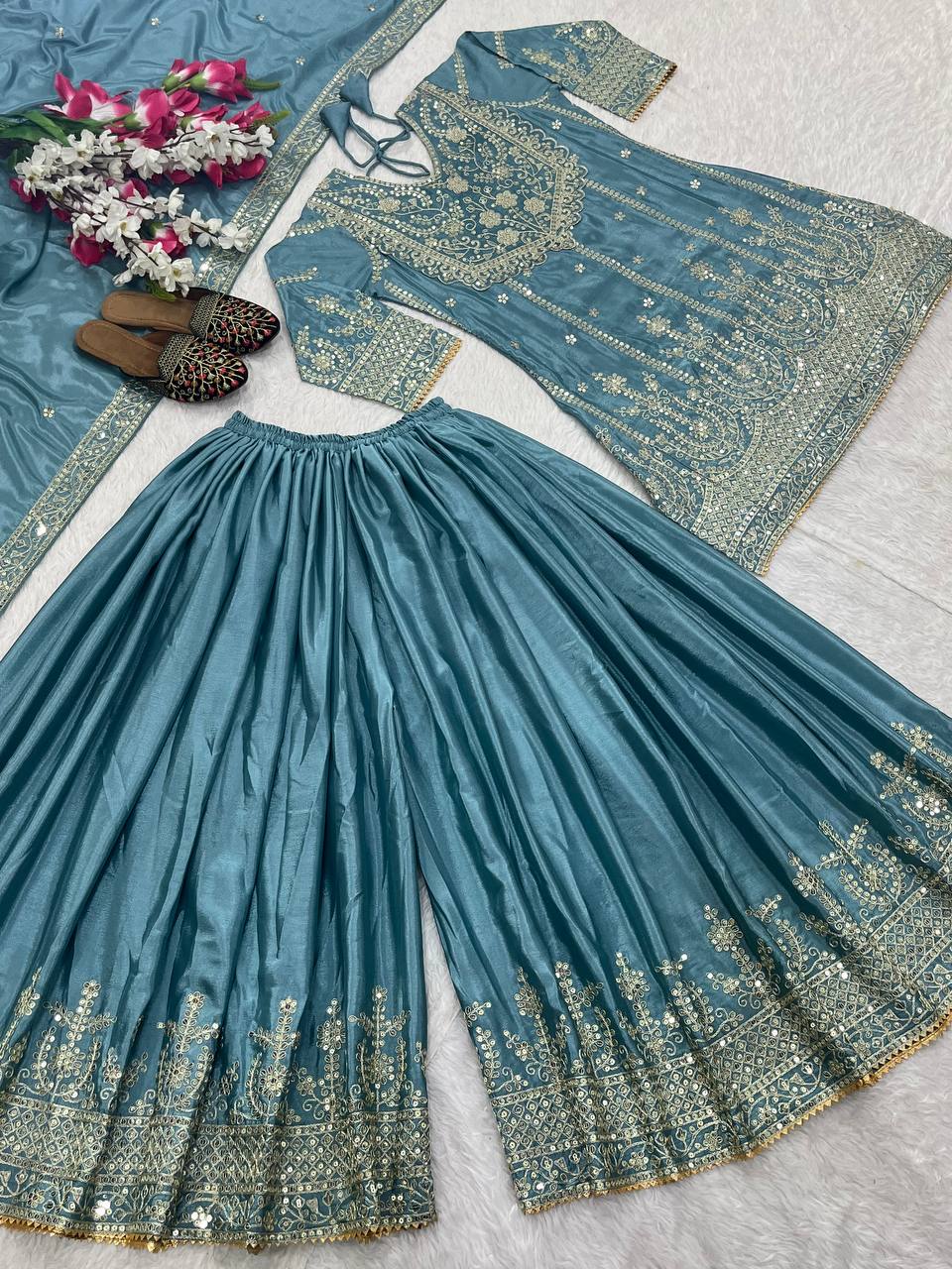 Elegant Aqua Blue Heavy Chinon Silk With Embroidery Sequence Coding Work Sharara Suit
