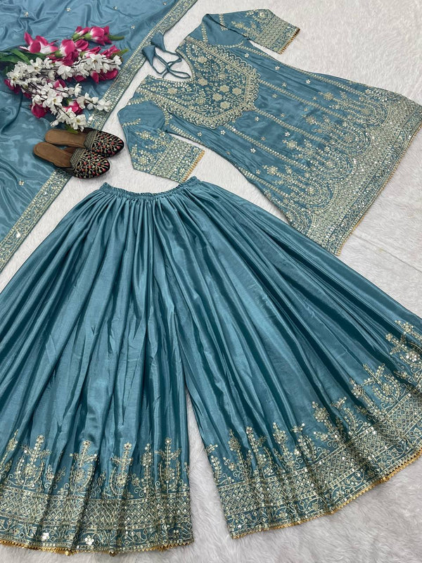 Elegant Aqua Blue Heavy Chinon Silk With Embroidery Sequence Coding Work Sharara Suit