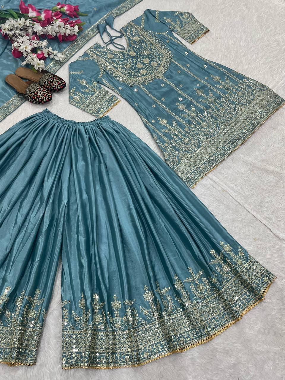 Elegant Aqua Blue Heavy Chinon Silk With Embroidery Sequence Coding Work Sharara Suit