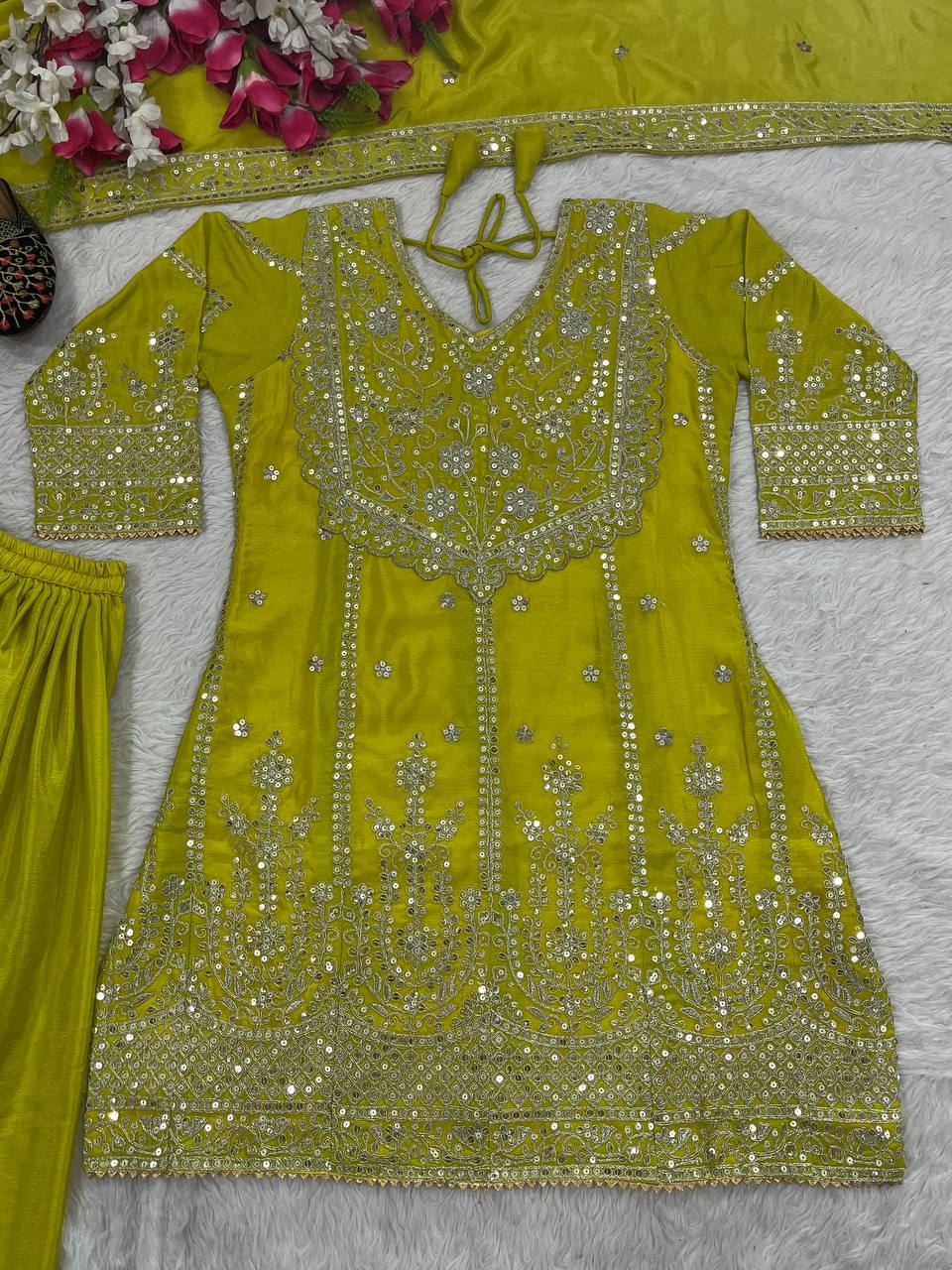 Fantastic Lemon Heavy Chinon Silk With Embroidery Sequence Coding Work Sharara Suit
