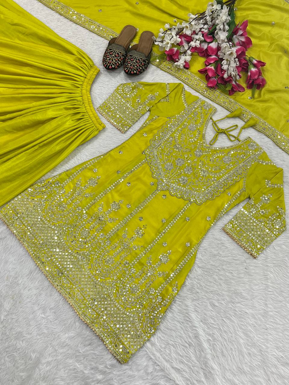 Fantastic Lemon Heavy Chinon Silk With Embroidery Sequence Coding Work Sharara Suit