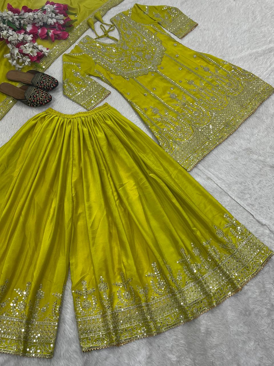 Fantastic Lemon Heavy Chinon Silk With Embroidery Sequence Coding Work Sharara Suit