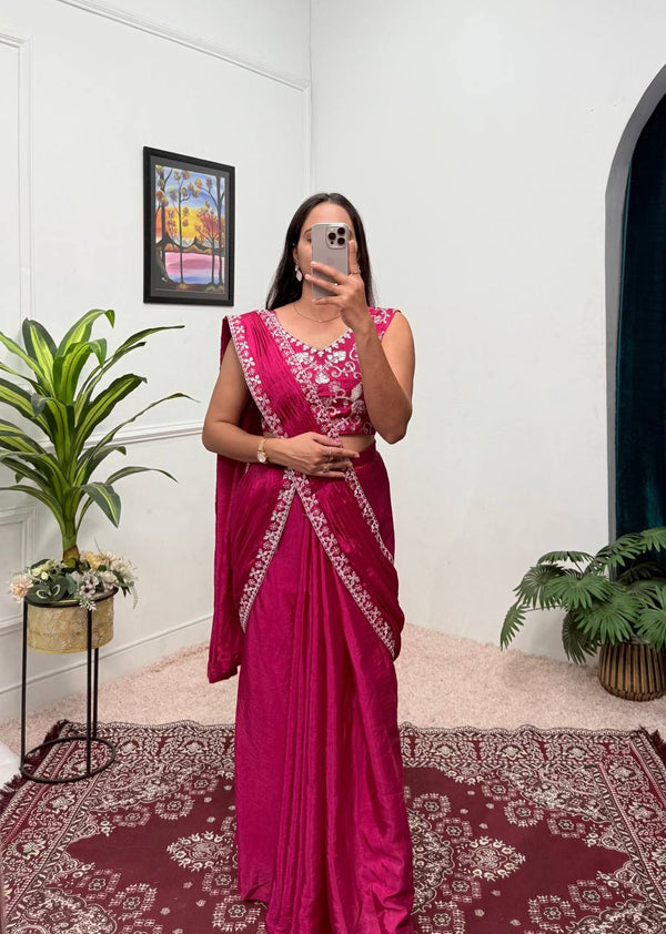 Trending Pink Color Chinon With Embroidered Lace Border Ready To Wear Saree