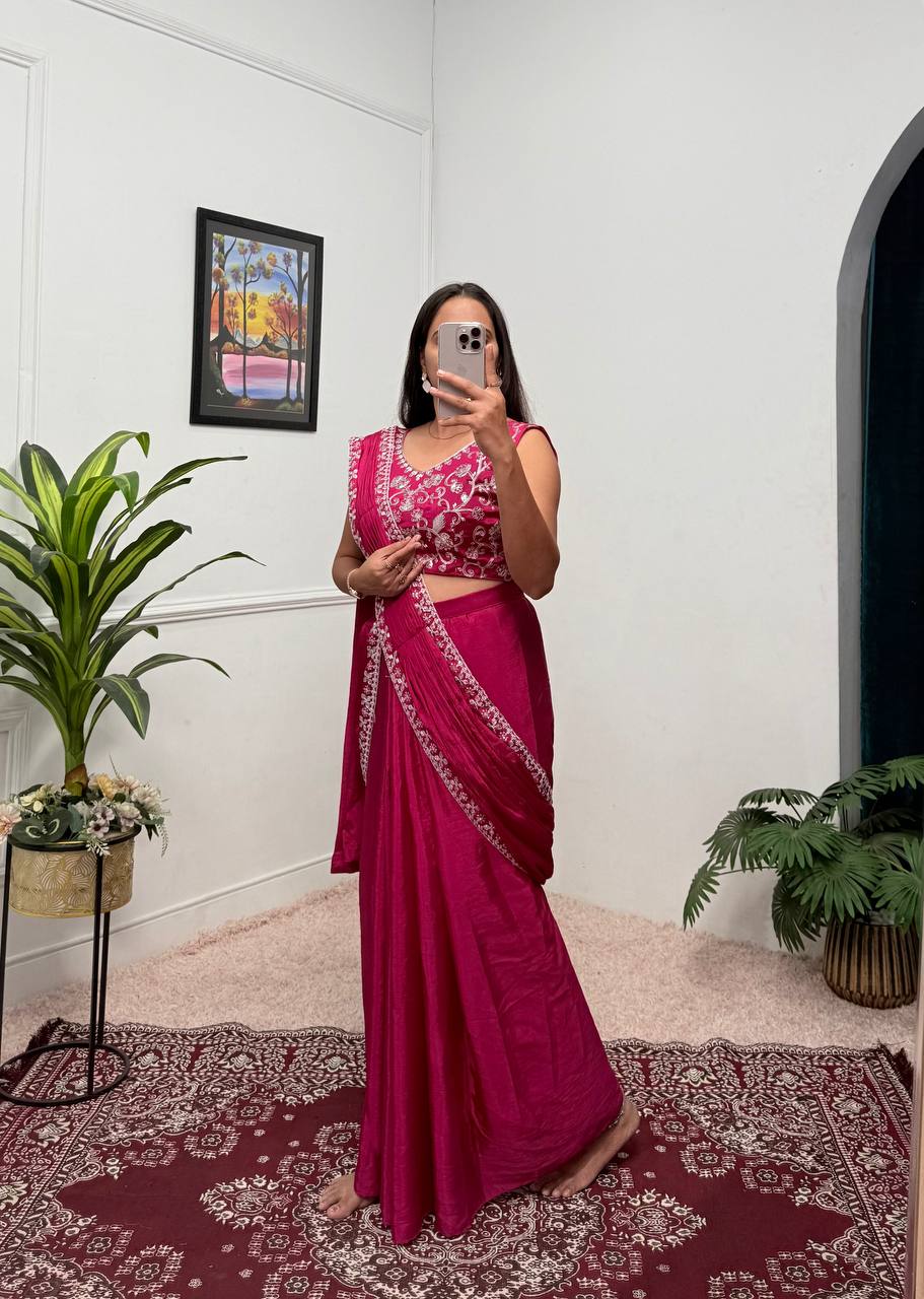 Trending Pink Color Chinon With Embroidered Lace Border Ready To Wear Saree