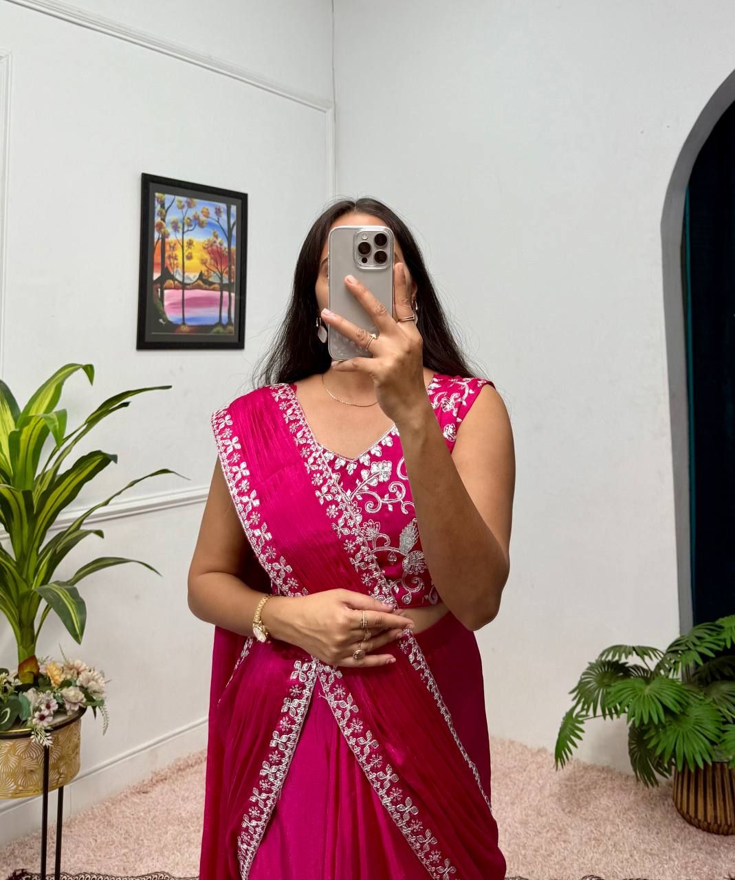 Trending Pink Color Chinon With Embroidered Lace Border Ready To Wear Saree
