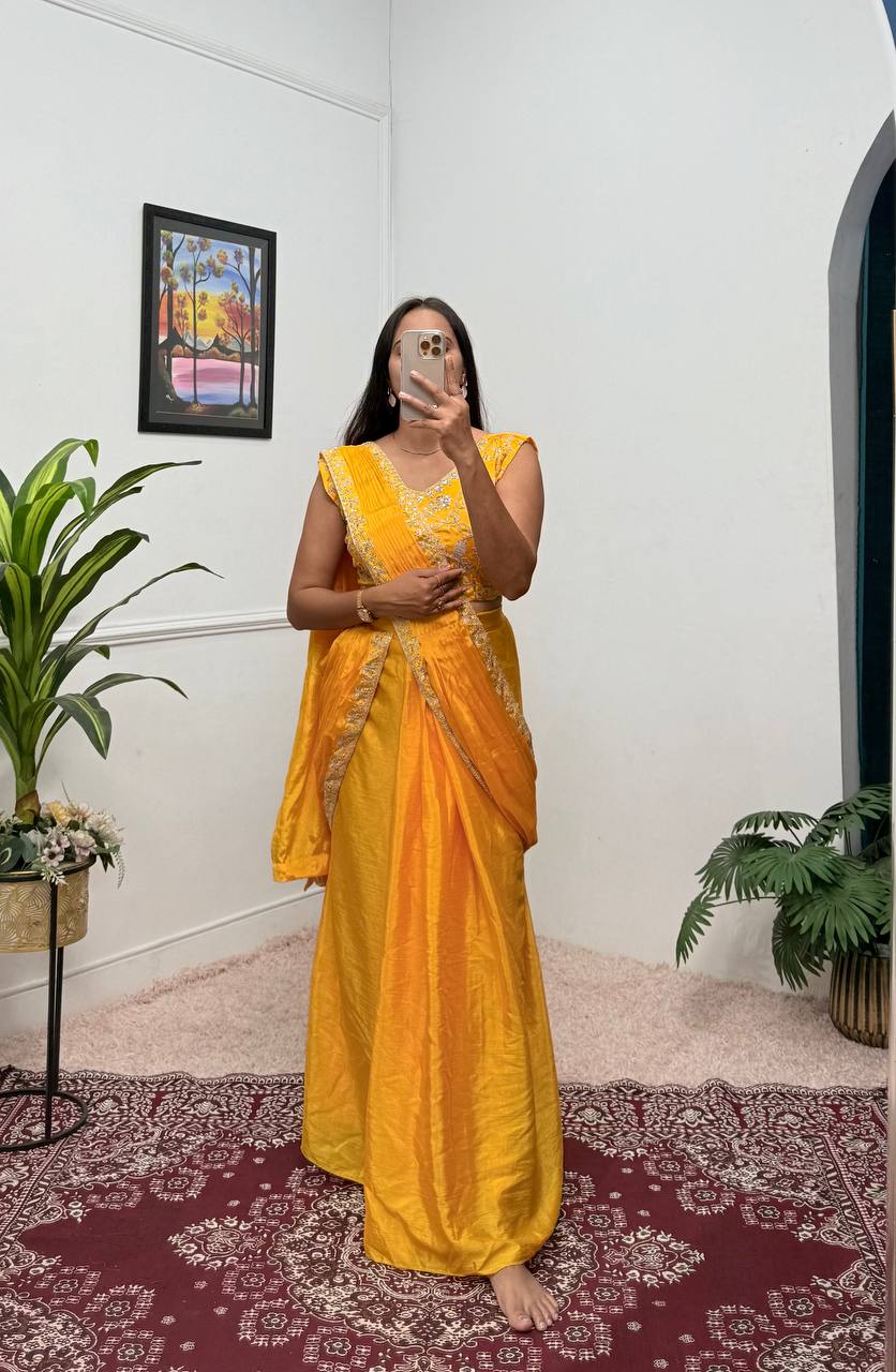 Trending Yellow Color Chinon With Embroidered Lace Border Ready To Wear Saree