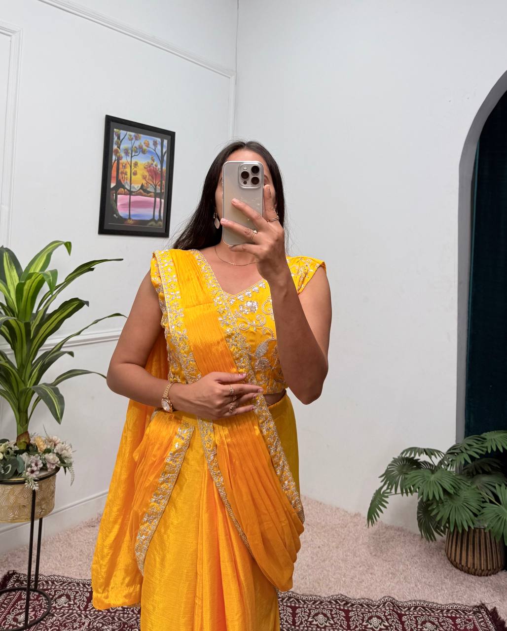 Trending Yellow Color Chinon With Embroidered Lace Border Ready To Wear Saree