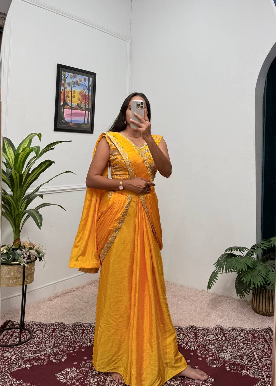Trending Yellow Color Chinon With Embroidered Lace Border Ready To Wear Saree