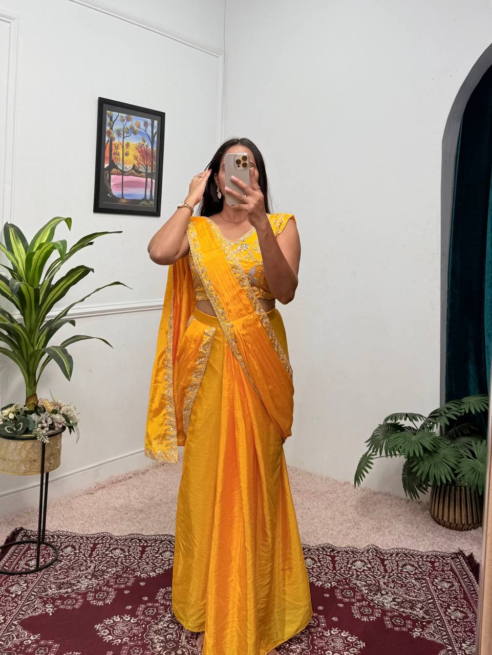 Trending Yellow Color Chinon With Embroidered Lace Border Ready To Wear Saree