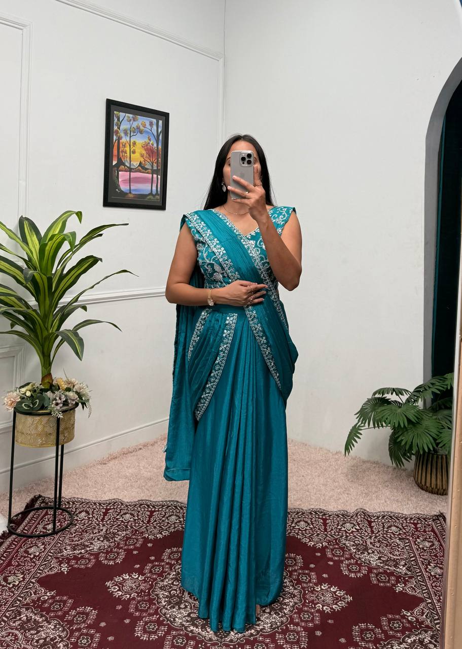 Trending Teal Color Chinon With Embroidered Lace Border Ready To Wear Saree