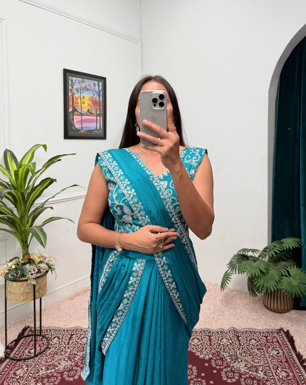 Trending Teal Color Chinon With Embroidered Lace Border Ready To Wear Saree