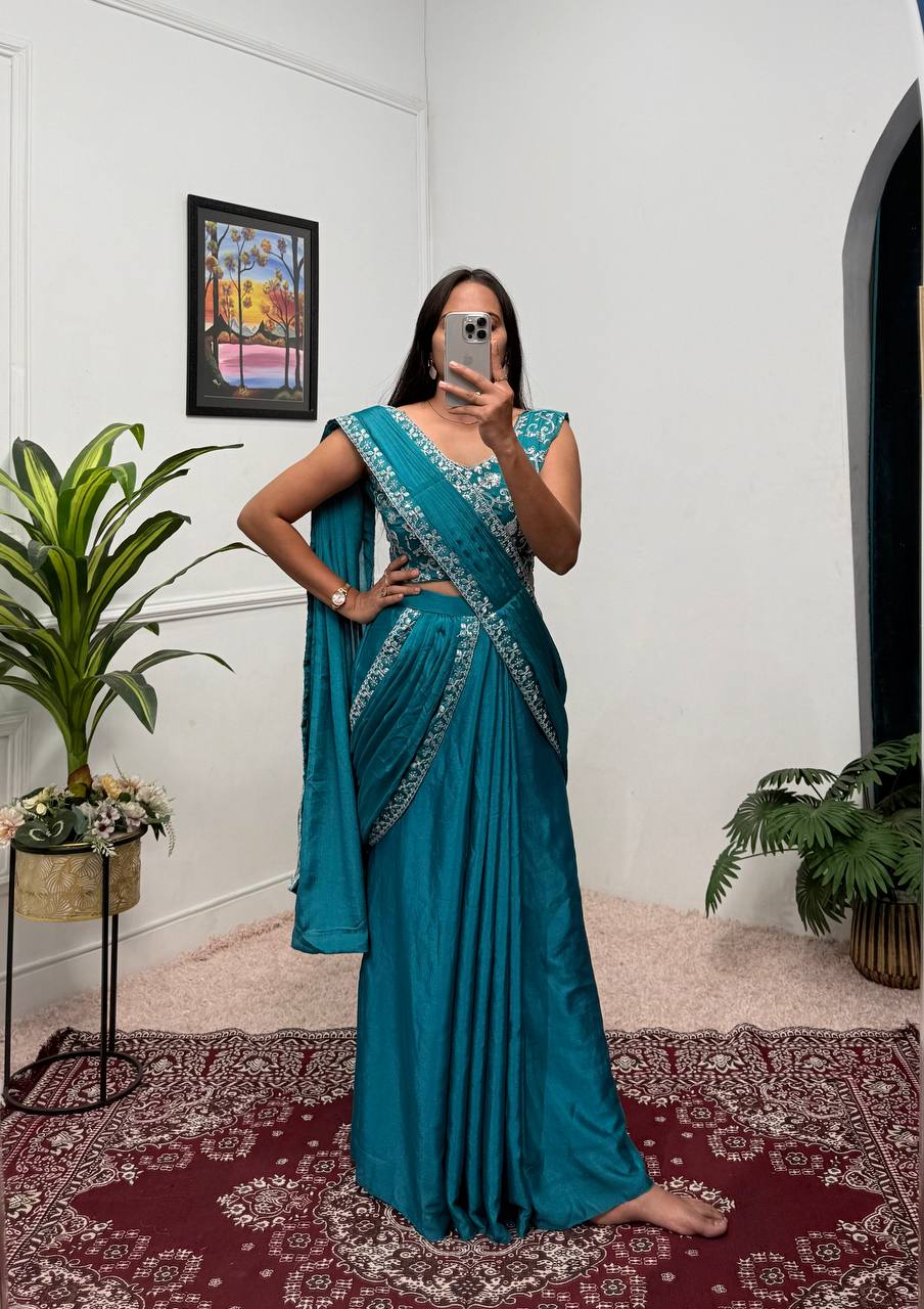 Trending Teal Color Chinon With Embroidered Lace Border Ready To Wear Saree