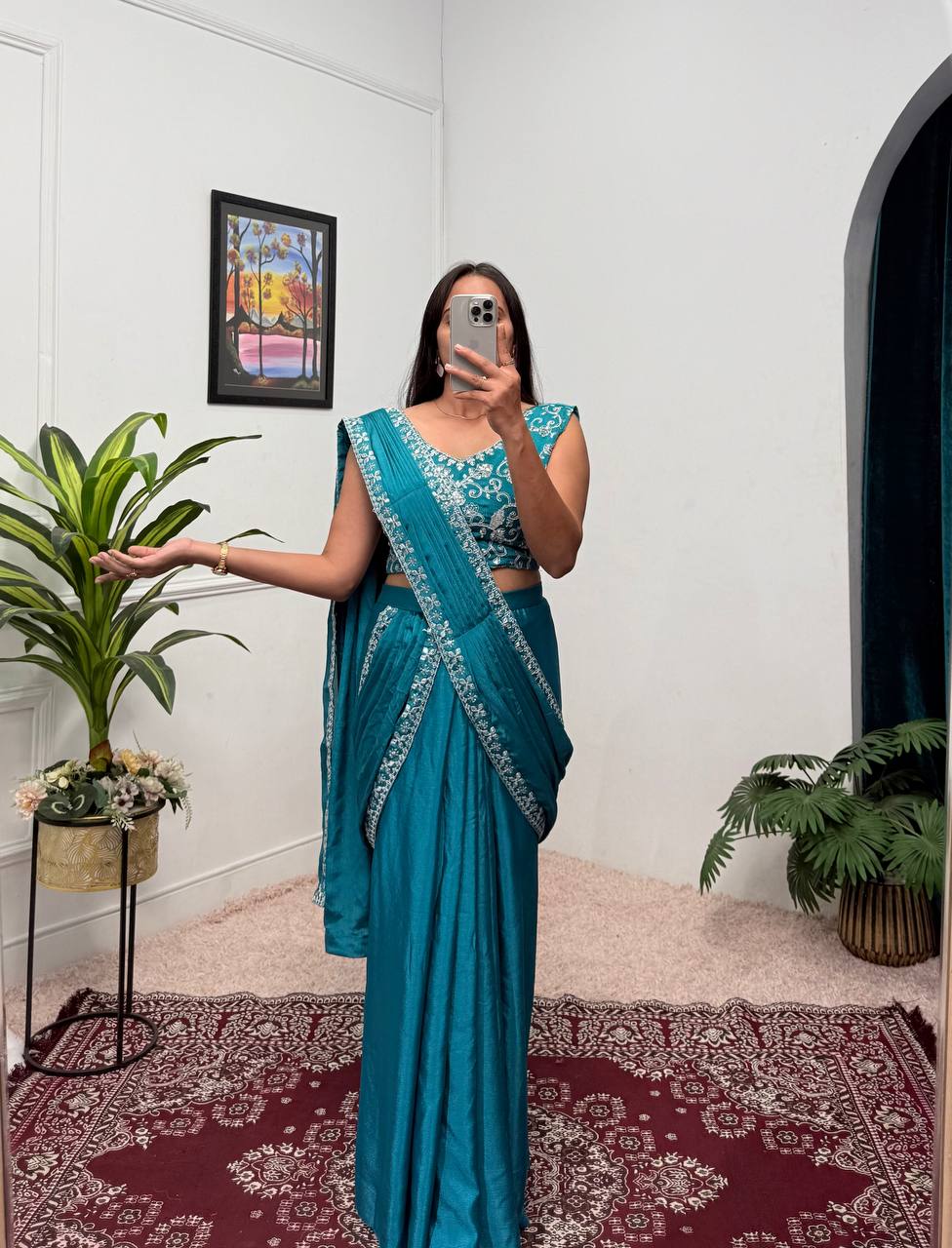 Trending Teal Color Chinon With Embroidered Lace Border Ready To Wear Saree