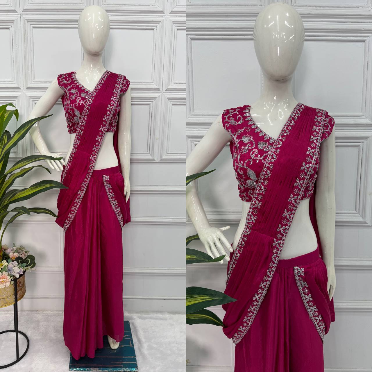 Trending Pink Color Chinon With Embroidered Lace Border Ready To Wear Saree