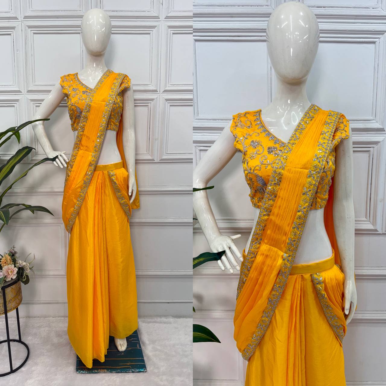 Trending Yellow Color Chinon With Embroidered Lace Border Ready To Wear Saree