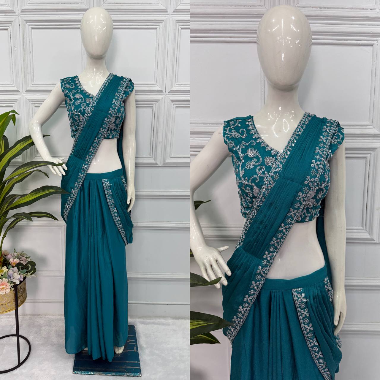 Trending Teal Color Chinon With Embroidered Lace Border Ready To Wear Saree