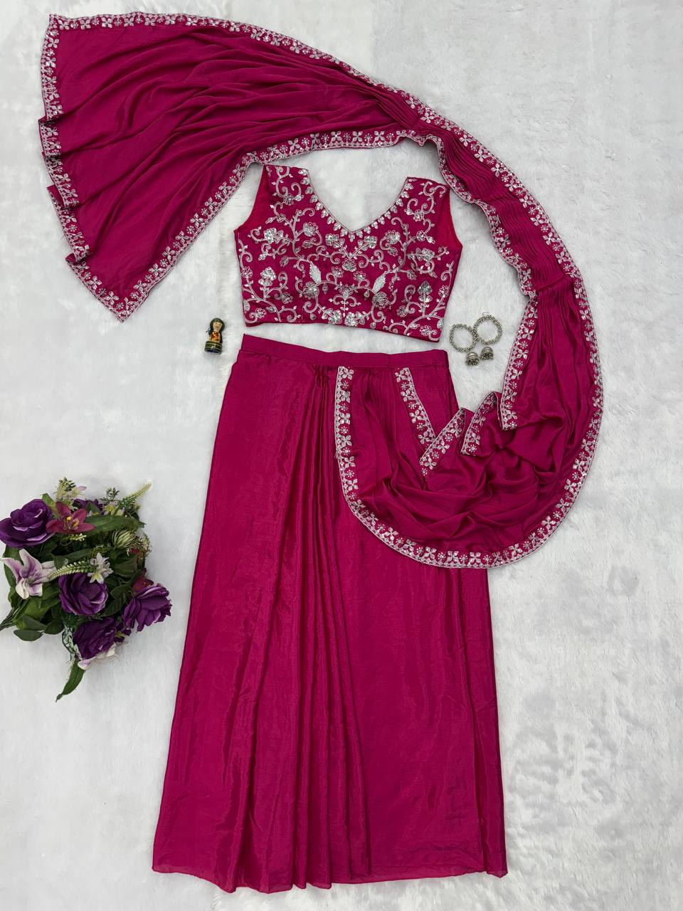 Trending Pink Color Chinon With Embroidered Lace Border Ready To Wear Saree