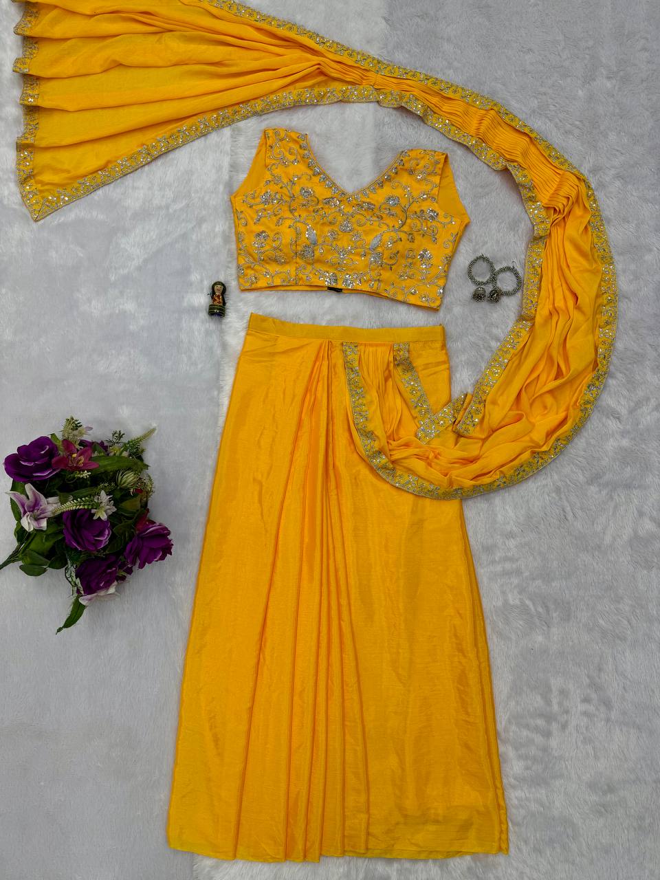 Trending Yellow Color Chinon With Embroidered Lace Border Ready To Wear Saree