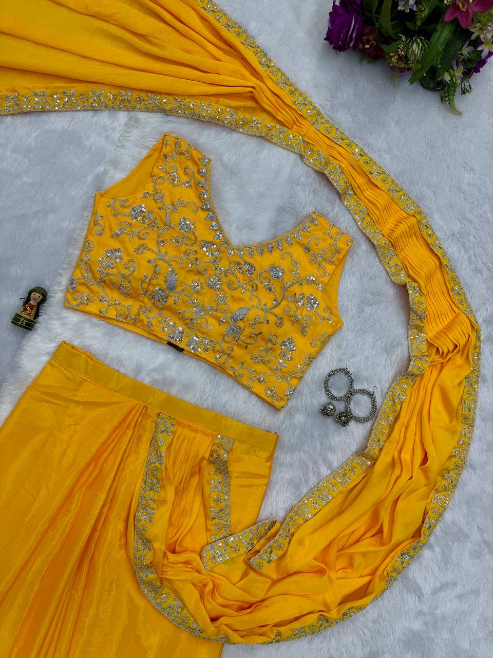 Trending Yellow Color Chinon With Embroidered Lace Border Ready To Wear Saree