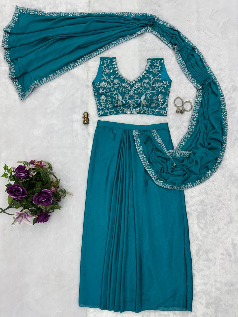 Trending Teal Color Chinon With Embroidered Lace Border Ready To Wear Saree