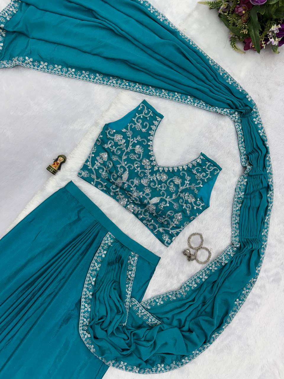 Trending Teal Color Chinon With Embroidered Lace Border Ready To Wear Saree