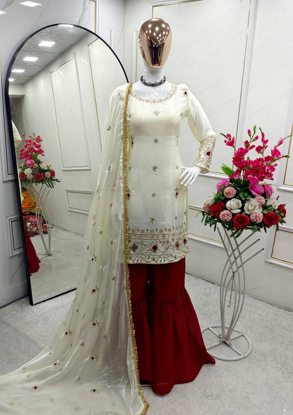 Function Wear White Color Pure Fendy Silk With Heavy Embroidery Sequence Work Sharara Suit
