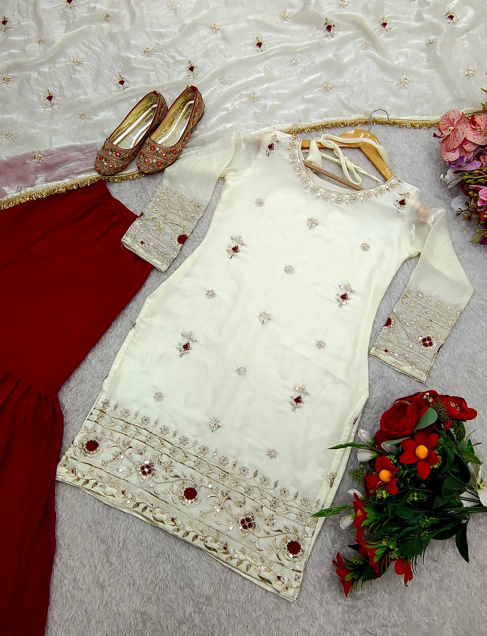 Function Wear White Color Pure Fendy Silk With Heavy Embroidery Sequence Work Sharara Suit