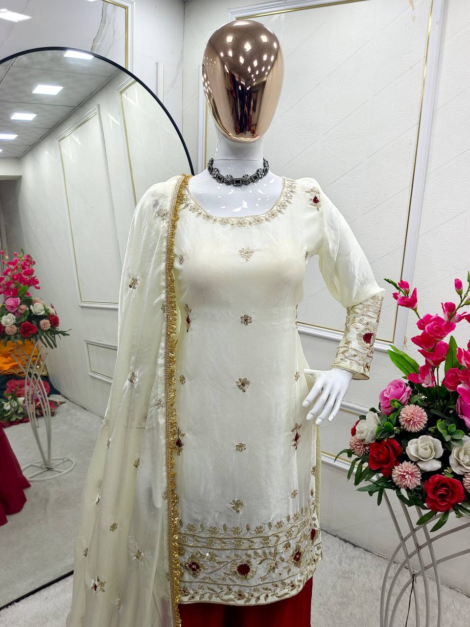 Function Wear White Color Pure Fendy Silk With Heavy Embroidery Sequence Work Sharara Suit