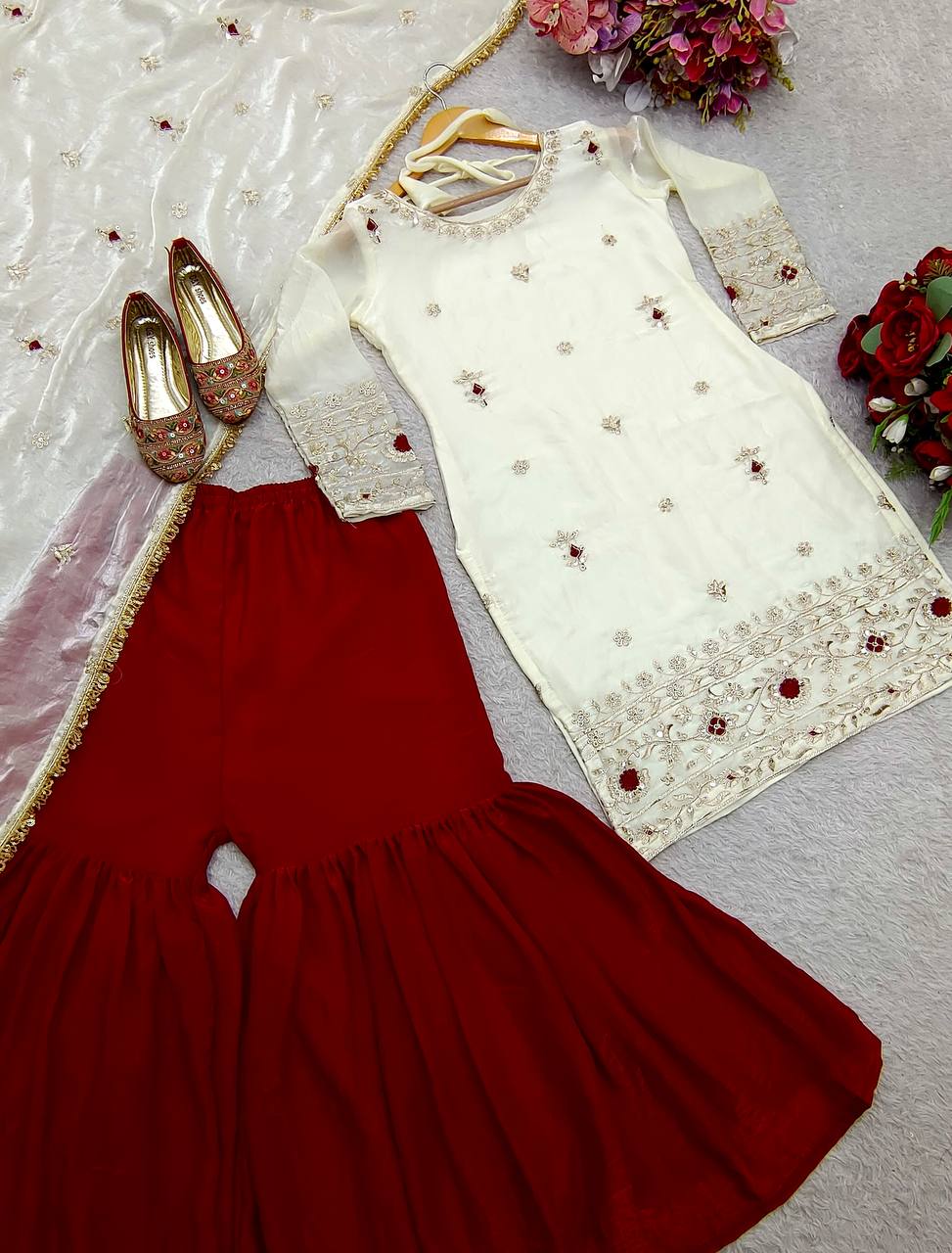Function Wear White Color Pure Fendy Silk With Heavy Embroidery Sequence Work Sharara Suit