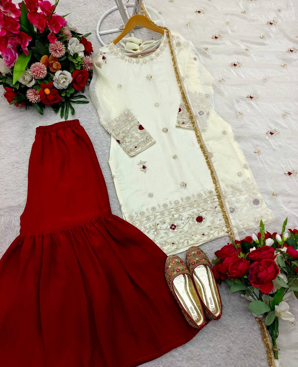 Function Wear White Color Pure Fendy Silk With Heavy Embroidery Sequence Work Sharara Suit